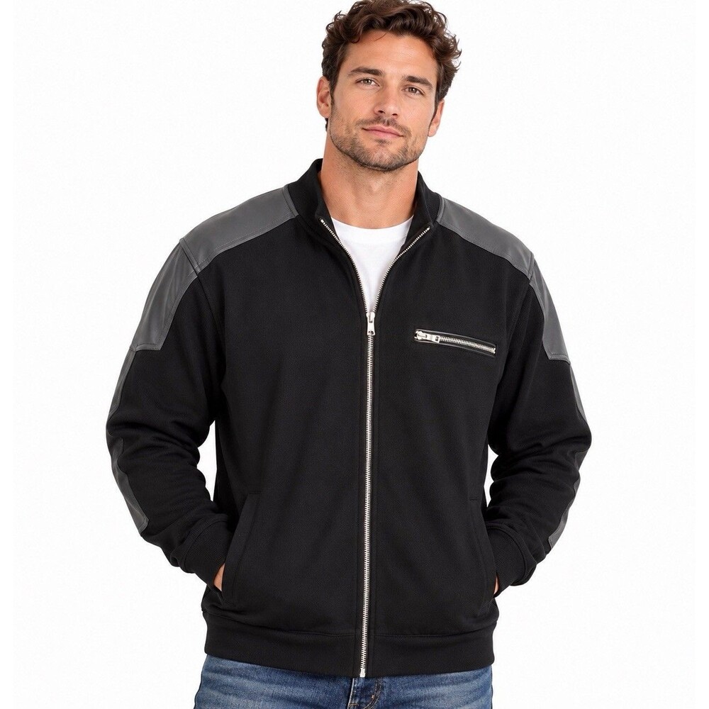 INC International Concepts Men’s XL Black Full Zip Jacket Faux Leather Trim